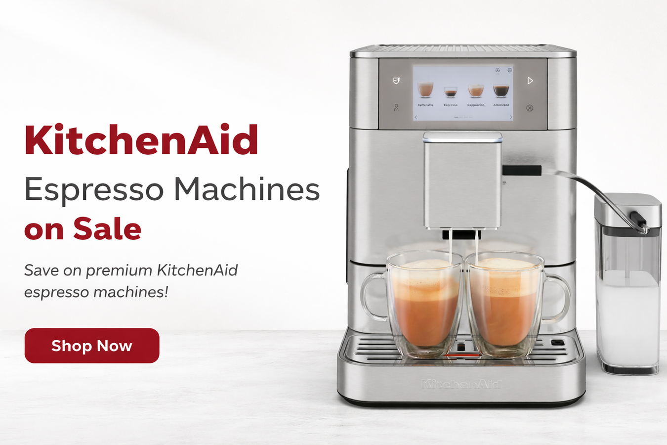 KitchenAid fully automatic espresso machine with milk frother preparing two cappuccinos