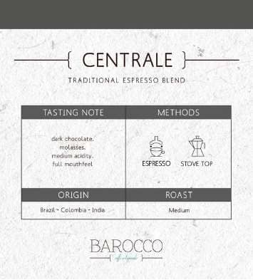 Barocco Coffee Centrale Whole Beans - 1kg - Anthony's Espresso