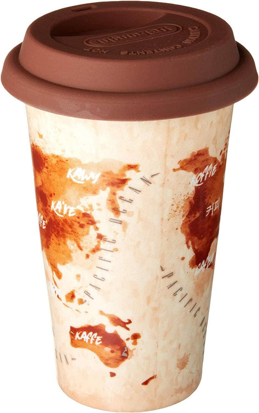 De'Longhi Hot Coffee Travel Mug Ceramic Thermal Double Wall + Silicone Lid, 10 oz, Adventurer Theme