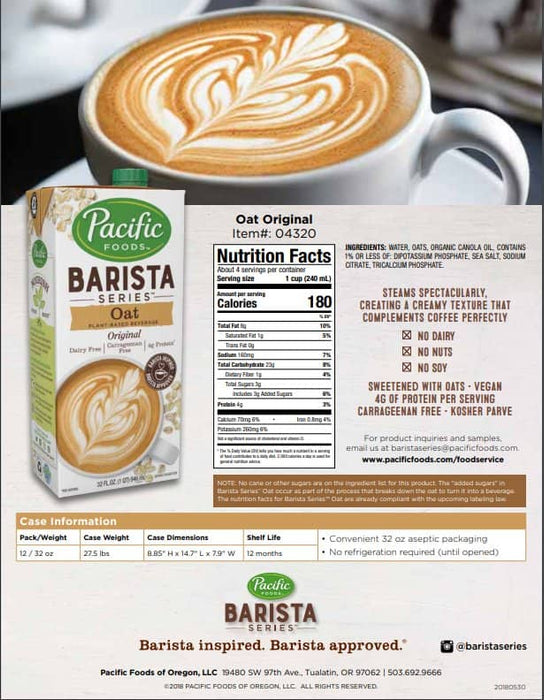 Pacific Foods Barista Oat Milk 32 oz - Anthony's Espresso